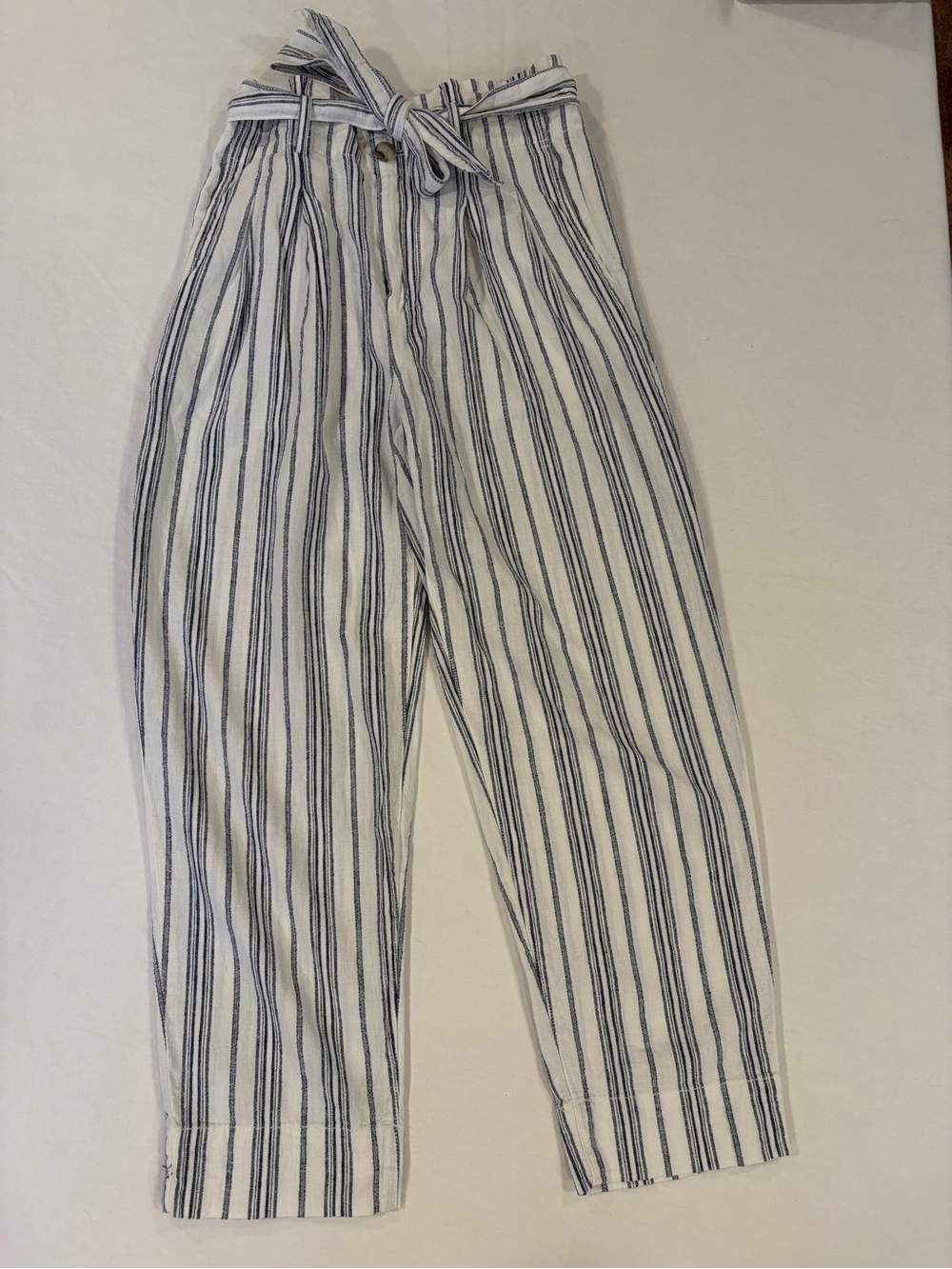 Madewell White and Navy Striped Paperbag Waist